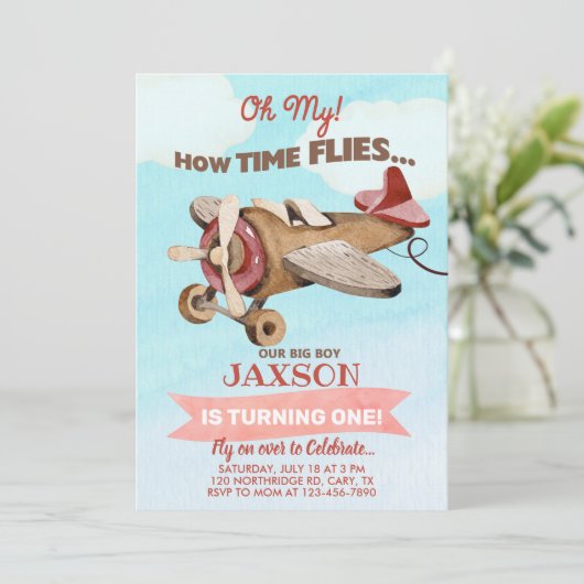 Airplane time flies boy 1st first birthday invite. 招待状 (スタンド正面)