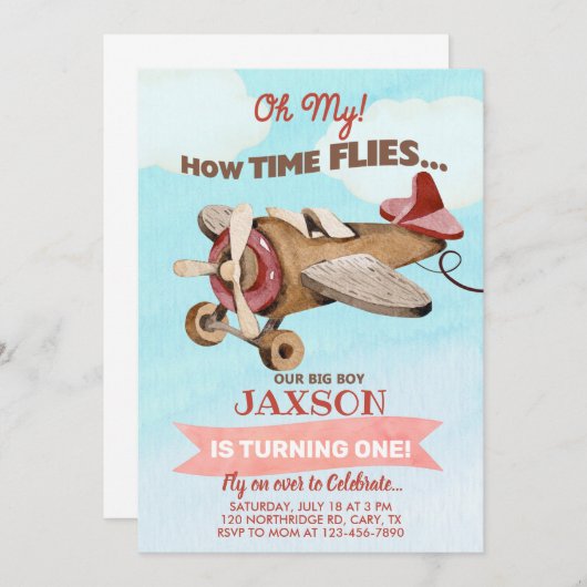 Airplane time flies boy 1st first birthday invite. 招待状 (正面/裏面)