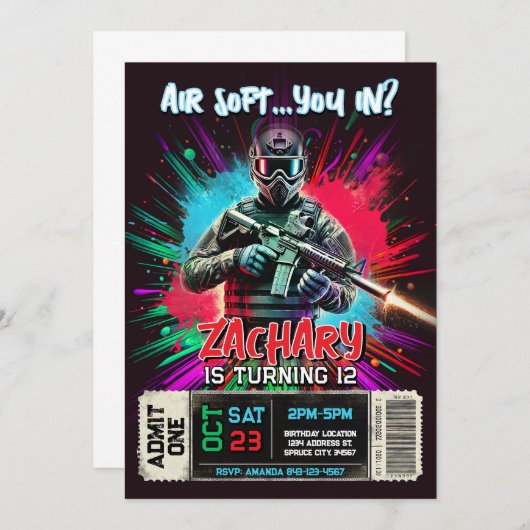 Airsoft Birthday Invitation | Action-Packed Invite 招待状 (正面/裏面)