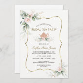 Airyウォーターカラーピンクフローラ金ゴールドブライダルティーパーティー 招待状 (正面/裏面)