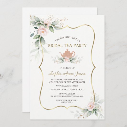 Airyウォーターカラーピンクフローラ金ゴールドブライダルティーパーティー 招待状 (正面/裏面)