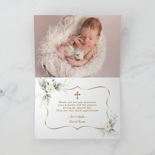 Airy緑の白い花フォトボーイ《キリスト教》洗礼式や命名式 サンキューカード (内部)