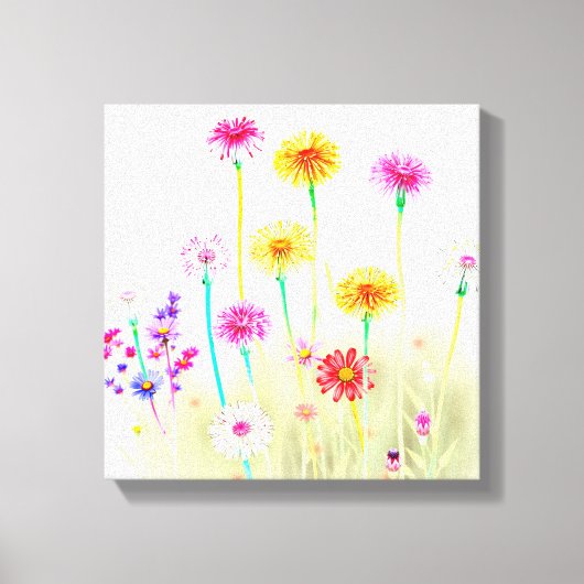 Airy Bright Neon Dandelions&Daisies Minimalist art キャンバスプリント (正面)