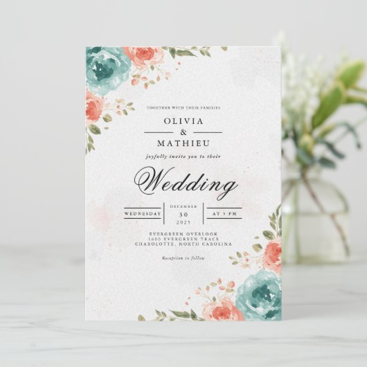 Airy Coral Teal Floral Arch Wedding 招待状 (スタンド正面)