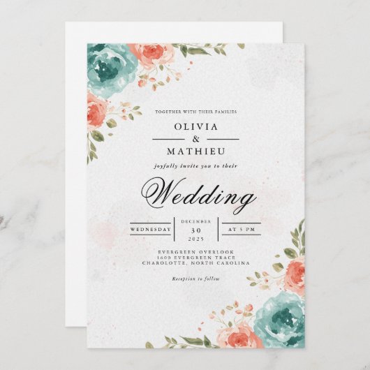 Airy Coral Teal Floral Arch Wedding 招待状 (正面/裏面)