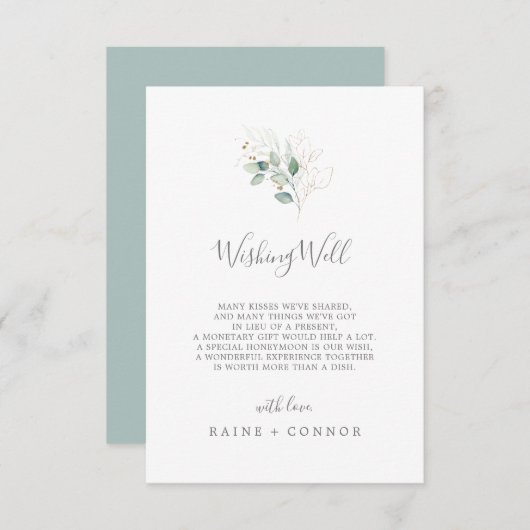 Airy Greeneryと金ゴールド結婚のWishing Well Card エンクロージャーカード (正面/裏面)