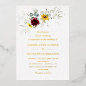 Airy Greenery Sunflowers Burgundy Gold Wedding 箔招待状 (正面)