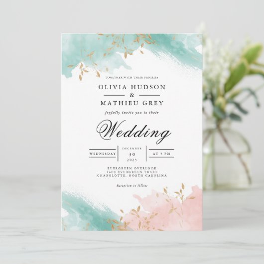 Airy Teal Coral Flourish Wedding 招待状 (スタンド正面)