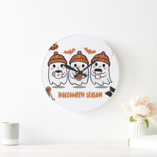 aison Halloween – fantômes café mignons ラージ壁時計 (ホーム)