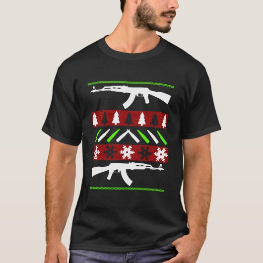 Ak 47ライフル醜いクリスマスセーターおもしろいガン長 tシャツ (正面)