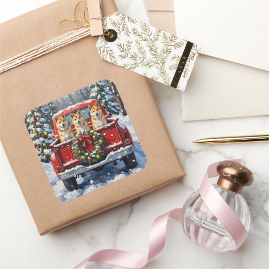 Akita Christmas Red Truck Holiday スクエアシール (ギフト)