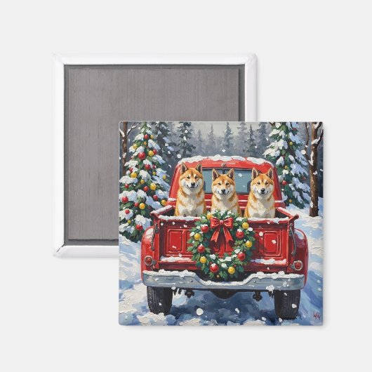 Akita Christmas Red Truck Holiday マグネット (正面/裏面)