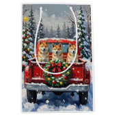 Akita Christmas Red Truck Holiday ミディアムペーパーバッグ (正面)