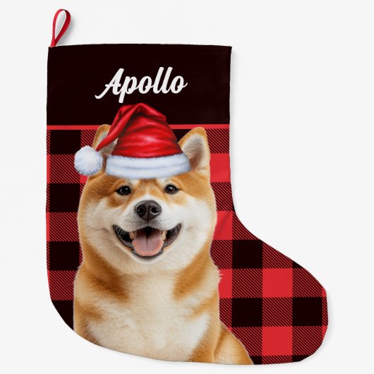 Akita Cute Dog Red Buffalo Plaid with Name ラージクリスマスストッキング (正面)