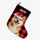 Akita Cute Dog Red Buffalo Plaid with Name ラージクリスマスストッキング (正面 (吊り時))
