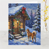 Akita Dog Christmas Log Cabin Holiday カード (黄色い花)