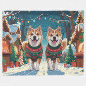 Akita Dogs Christmas Snow Holiday フリースブランケット (正面(横))