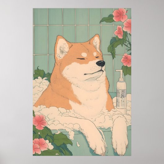 Akita Inu Bathroom Print Funny Dog in Bathtub ポスター (正面)