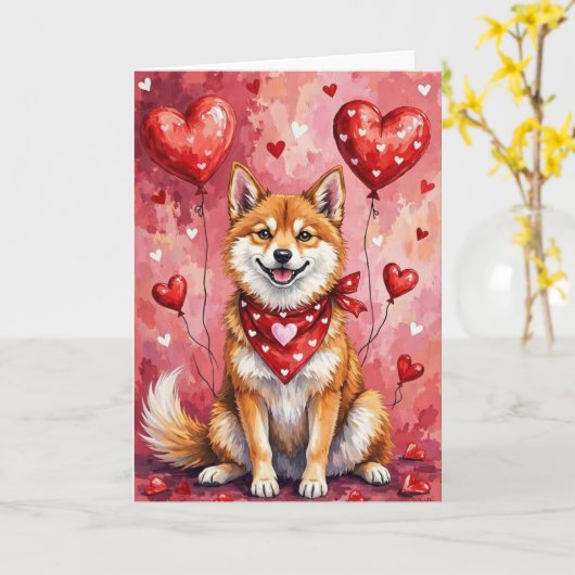 Akita Inu Valentine Dog Sitting with Hearts Red カード (黄色い花)