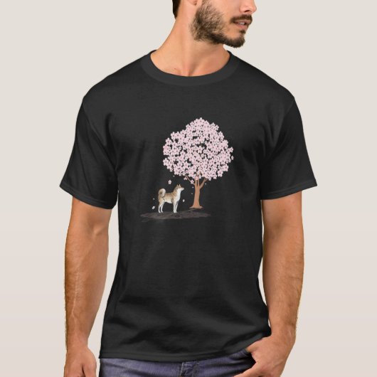 Akita Shiba Inu Dog Japanese Cherry Blossom Sakura Tシャツ (正面)
