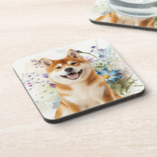 Akita Shiba Inu Dog with Blue Watercolor Flowers コースター