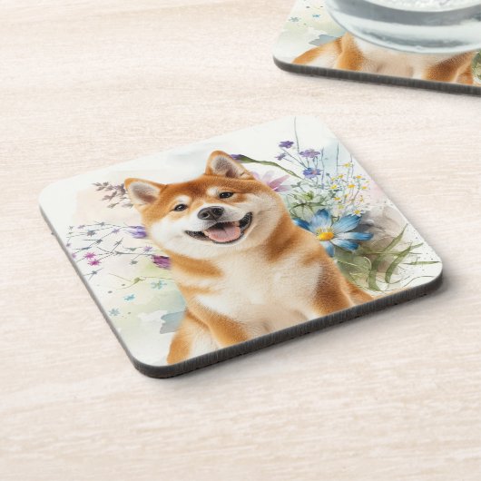 Akita Shiba Inu Dog with Blue Watercolor Flowers コースター (左側)