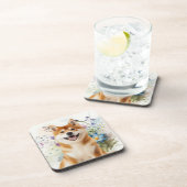 Akita Shiba Inu Dog with Blue Watercolor Flowers コースター (右側)