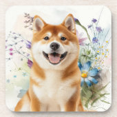 Akita Shiba Inu Dog with Blue Watercolor Flowers コースター (正面)