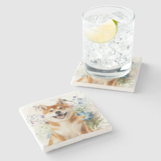 Akita Shiba Inu Dog with Blue Watercolor Flowers ストーンコースター