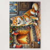 Akita Sitting by Fireplace with Christmas Lights ジグソーパズル (縦)