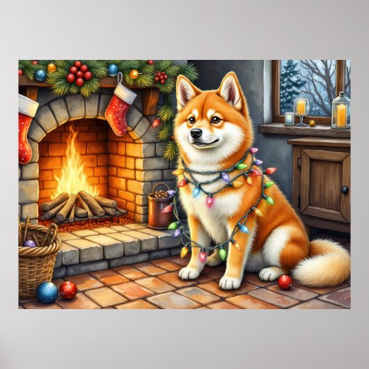Akita Sitting by Fireplace with Christmas Lights ポスター (正面)
