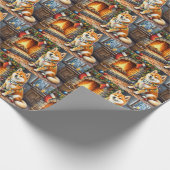 Akita Sitting by Fireplace with Christmas Lights ラッピングペーパー (角)