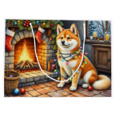 Akita Sitting by Fireplace with Christmas Lights ラージペーパーバッグ (裏面)