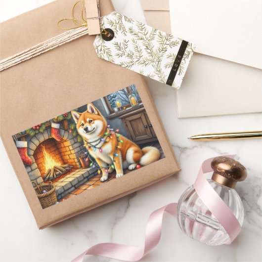 Akita Sitting by Fireplace with Christmas Lights 長方形シール (ギフト)