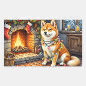 Akita Sitting by Fireplace with Christmas Lights 長方形シール (正面)