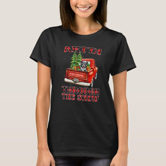 Akita Through The Snow Christmas Dog Truck Plaid R Tシャツ (正面)