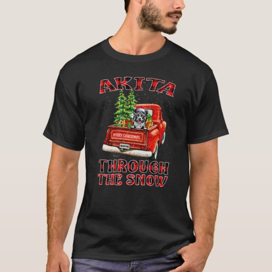 Akita Through The Snow Christmas Dog Truck Plaid R Tシャツ (正面)
