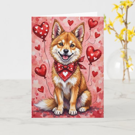 Akita Valentine’s Day Dog with Hearts Red カード (黄色い花)