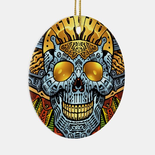 Alリオによる銃そして弾丸が付いているゴシック様式スカル セラミックオーナメント (右)