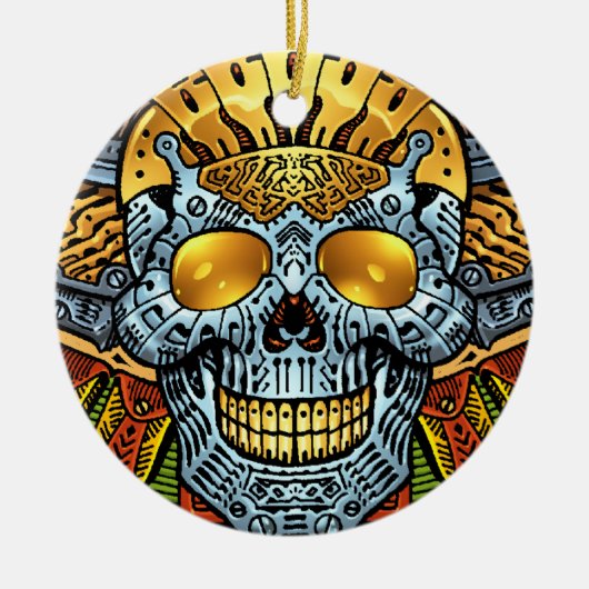 Alリオによる銃そして弾丸が付いているゴシック様式スカル セラミックオーナメント (正面)