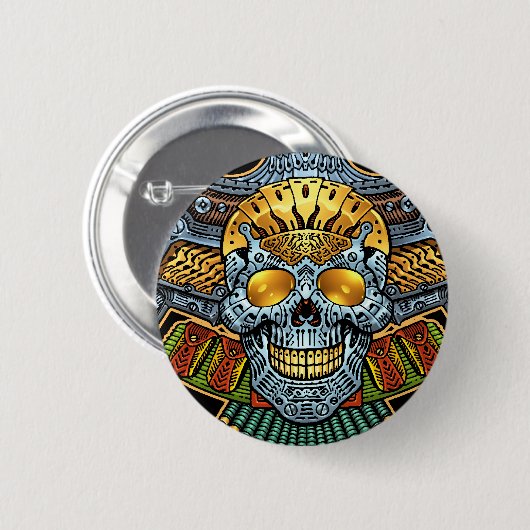 Alリオによる銃そして弾丸が付いているゴシック様式スカル 缶バッジ (正面&裏面)