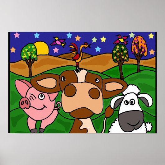 AL-納屋周囲の庭動物フォークアートポスター ポスター (正面)