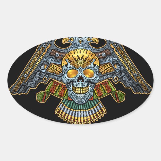 Al Rioによる銃と銃弾を持つゴシック様式のスカル 楕円形シール (正面)