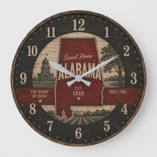 Alabama State Rustic Sweet Home Alabama Decor ラージ壁時計 (正面)