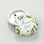 Alabaster Floral Wreath Flower Girl 缶バッジ<br><div class="desc">Identify the key players at your bridal shower with our elegant,  sweetly chic floral buttons. Button features a green and white watercolor floral wreath with "flower girl" inscribed inside in hand lettered script.</div>