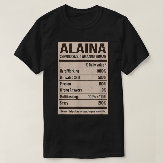 Alaina Nutrition Facts Name Nickname Alias Title F Tシャツ (デザイン正面)