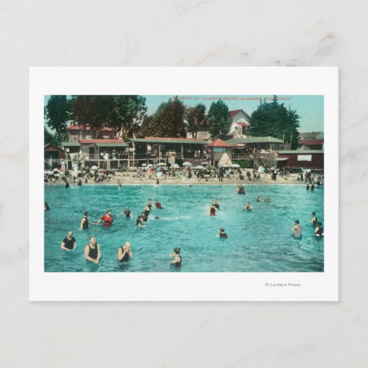 Alameda Beachで泳ぐ群集（カリフォルニア州） ポストカード (正面)