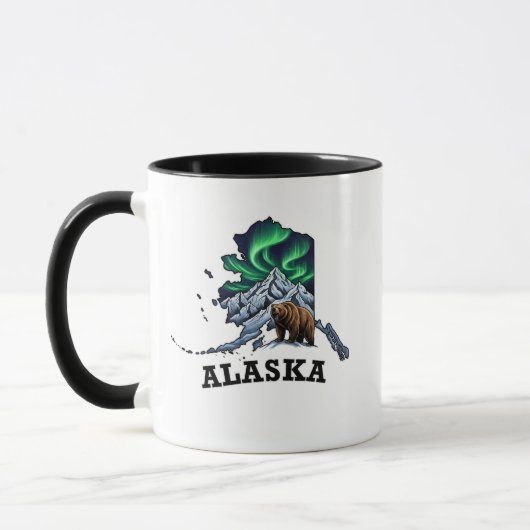 Alaska State Tattoo Style Northern Lights, Grizzly マグカップ (左)