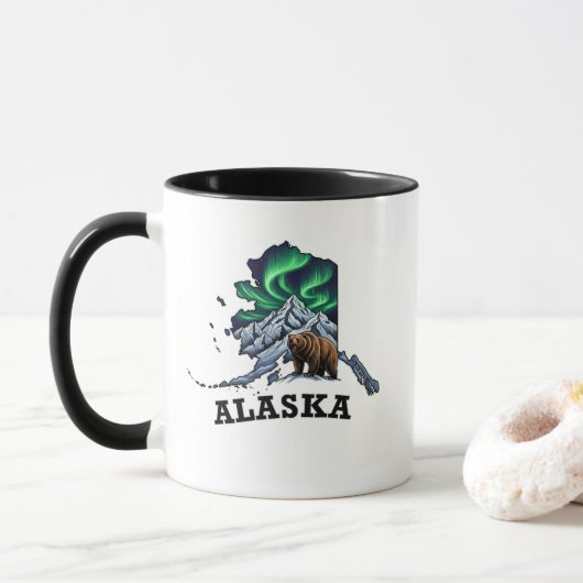 Alaska State Tattoo Style Northern Lights, Grizzly マグカップ (ドーナツ)