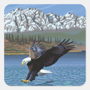 AlaskaBald Eagleヴィンテージ旅行ポスター スクエアシール